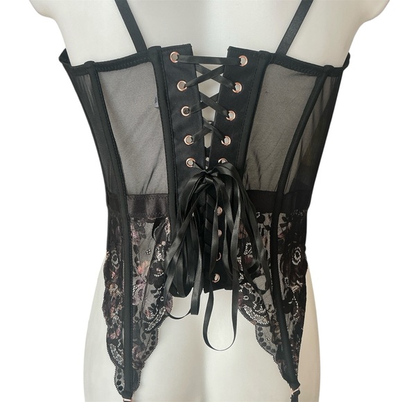 Coquette Black Lacey Zip Up Corset with Attached Garters Lace Up Back XL - Picture 3 of 16